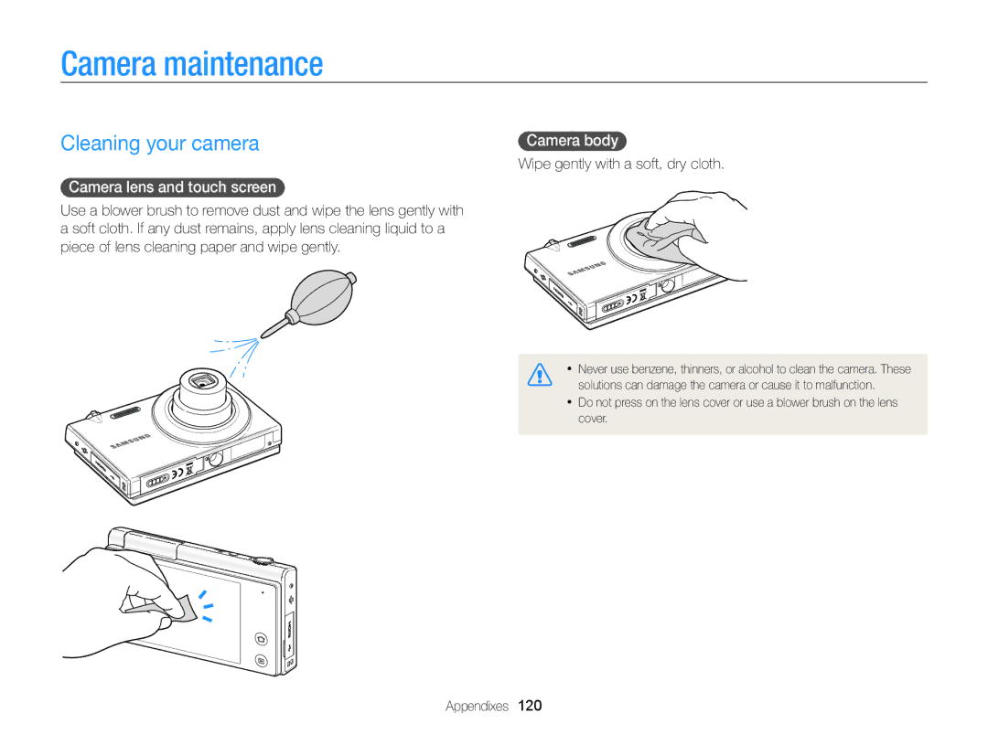 Samsung ECMV800ZBPBUS user manual Camera maintenance, Cleaning your camera, Camera lens and touch screen , Camera body  